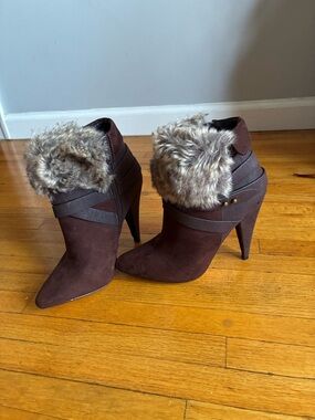 Express Brown Faux-Suede Faux-Fur Trim High-Heel Ankle Boots
